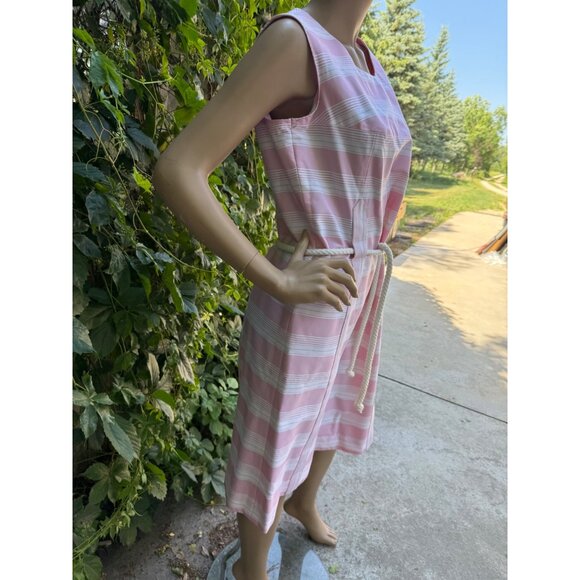 70s 80s Pink Stripe Cotton Sleeveless Shift Dress Rope Belt Scoop Neck Volup - Picture 9 of 11